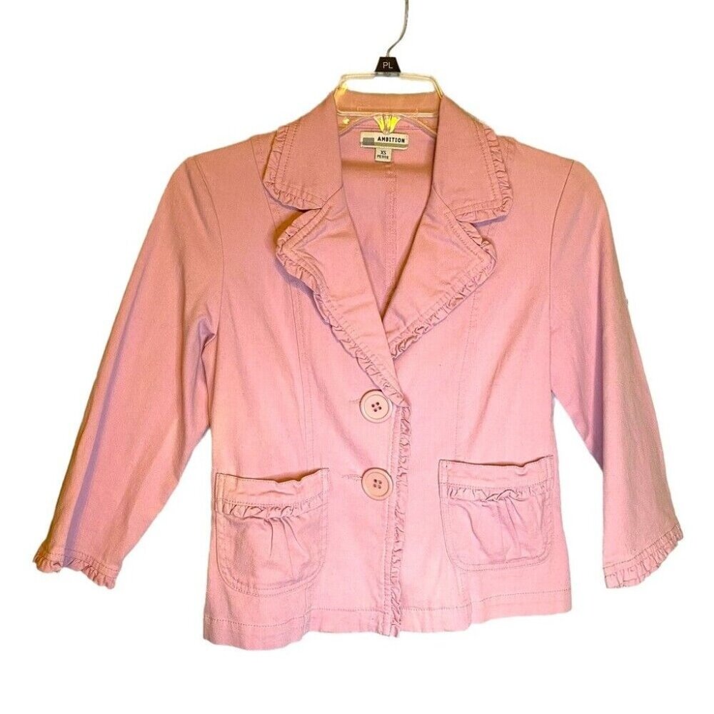 Ambition Pink Fitted Jacket, Size XS, 3/4 length sleeves, Ruffle Accents